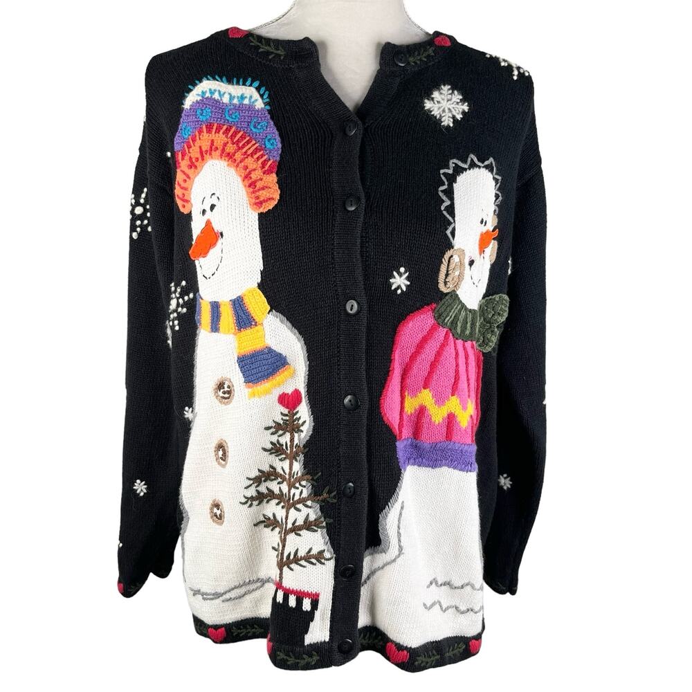 Quacker Factory Snowman Sweater M Button Down Embroidered